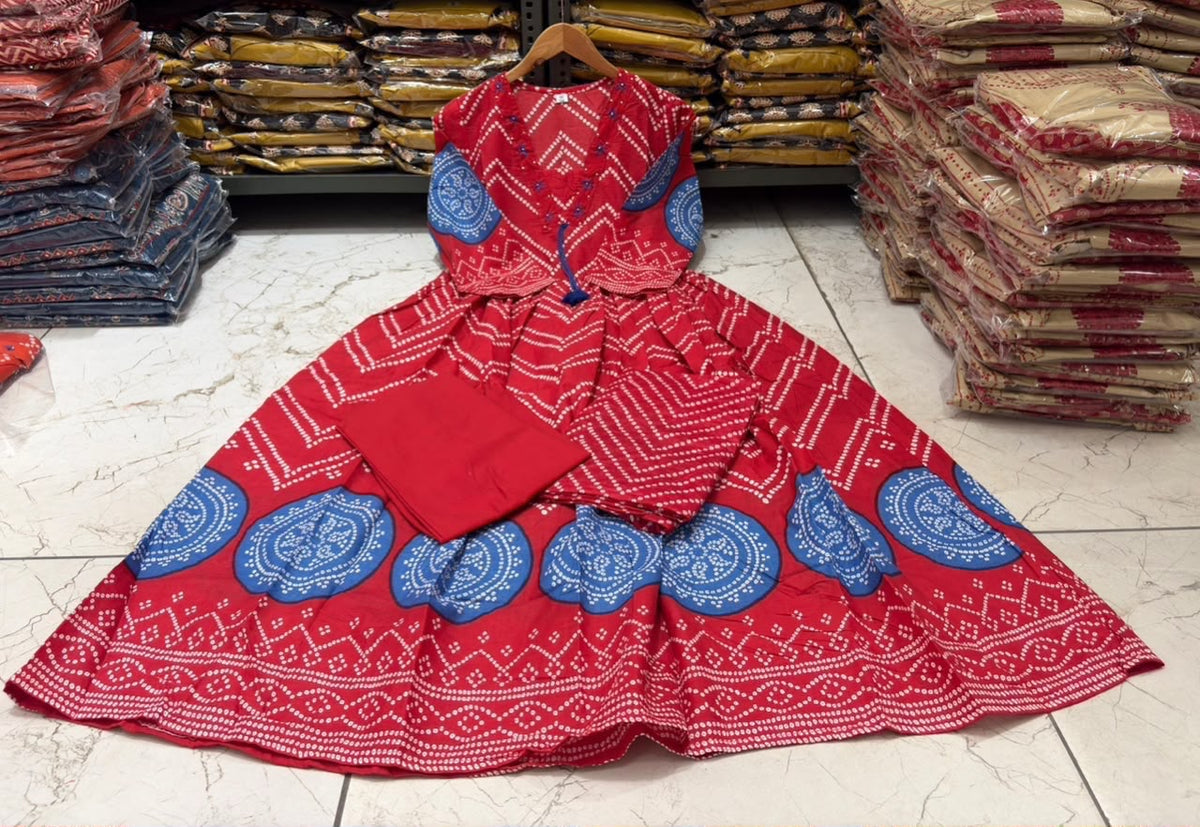 Cotton V-Neck Ghera Procin Bandhej Print Suit Set with Pant & Dupatta