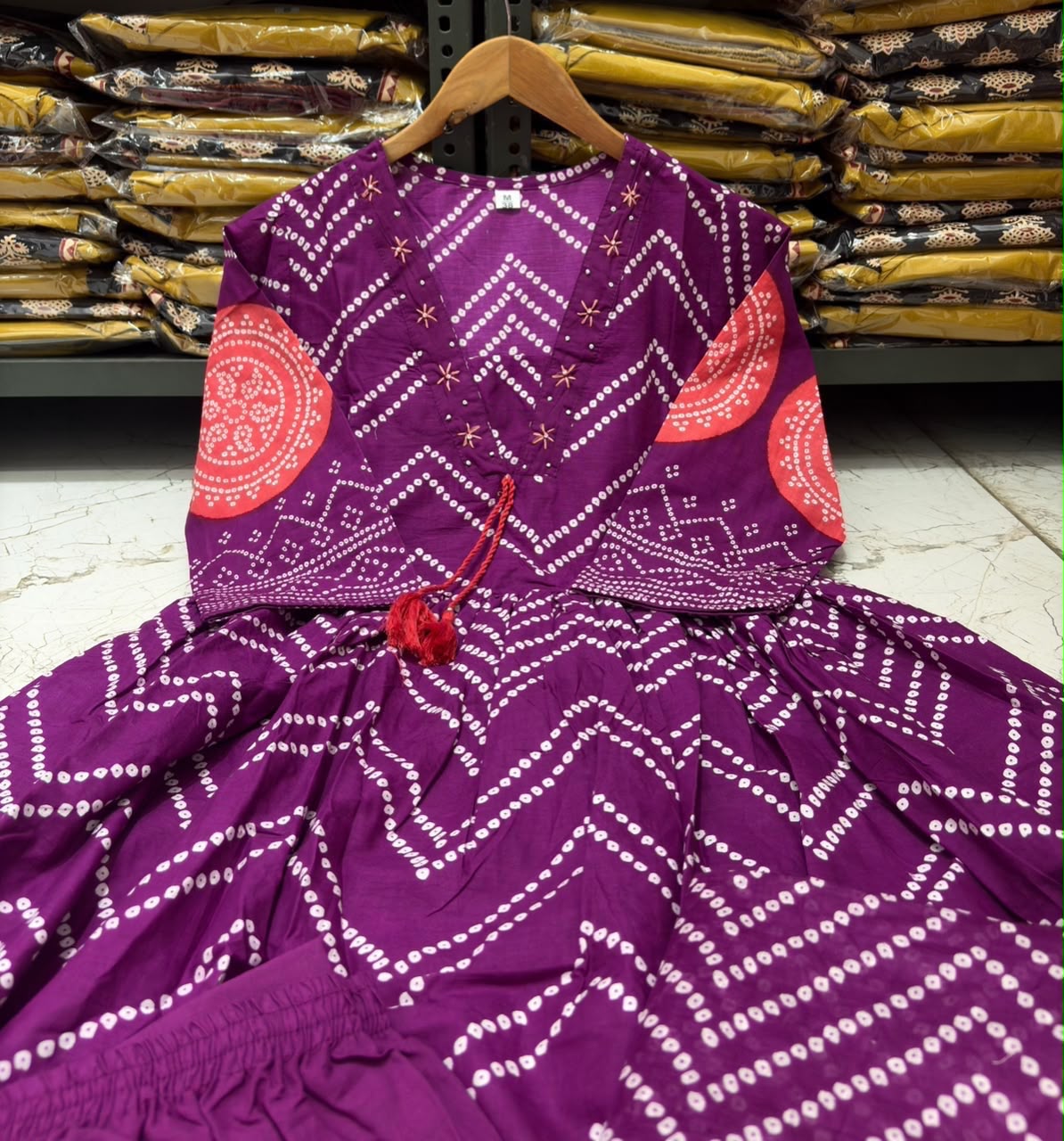 Cotton V-Neck Ghera Procin Bandhej Print Suit Set with Pant & Dupatta