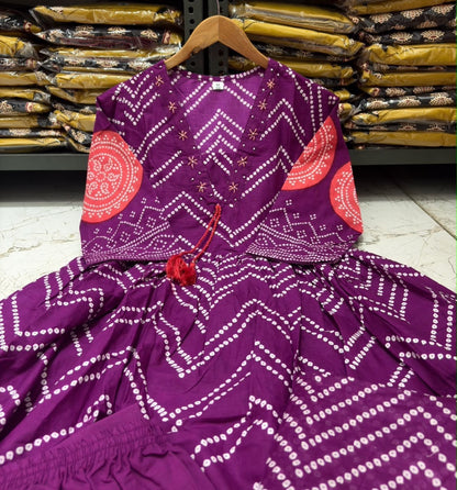 Cotton V-Neck Ghera Procin Bandhej Print Suit Set with Pant & Dupatta