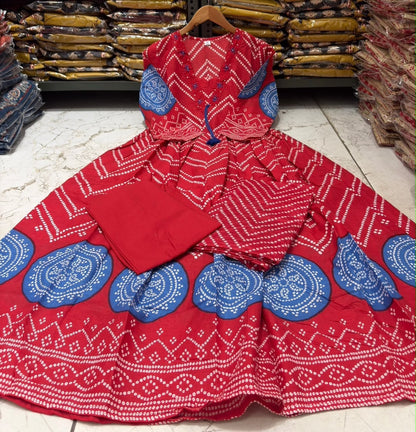 Cotton V-Neck Ghera Procin Bandhej Print Suit Set with Pant & Dupatta