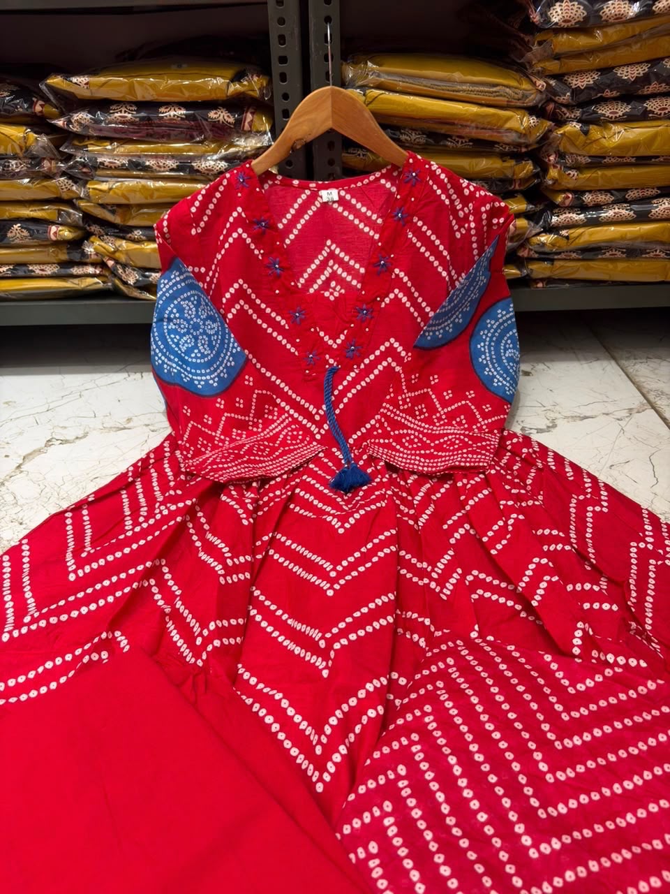 Cotton V-Neck Ghera Procin Bandhej Print Suit Set with Pant & Dupatta