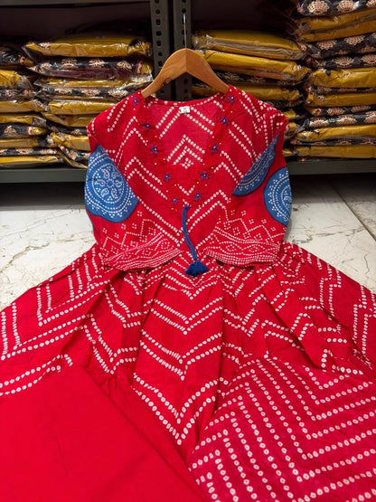 Cotton V-Neck Ghera Procin Bandhej Print Suit Set with Pant & Dupatta