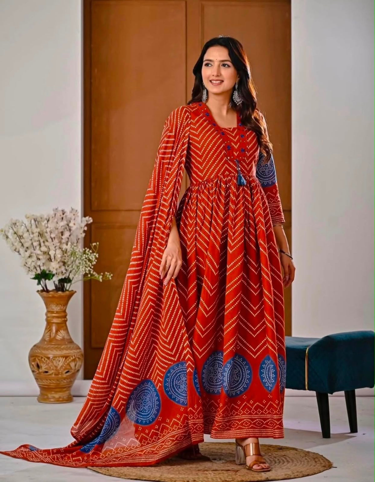 Cotton V-Neck Ghera Procin Bandhej Print Suit Set with Pant & Dupatta