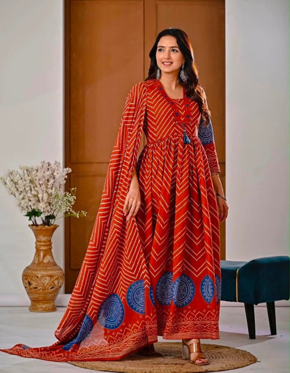 Cotton V-Neck Ghera Procin Bandhej Print Suit Set with Pant & Dupatta