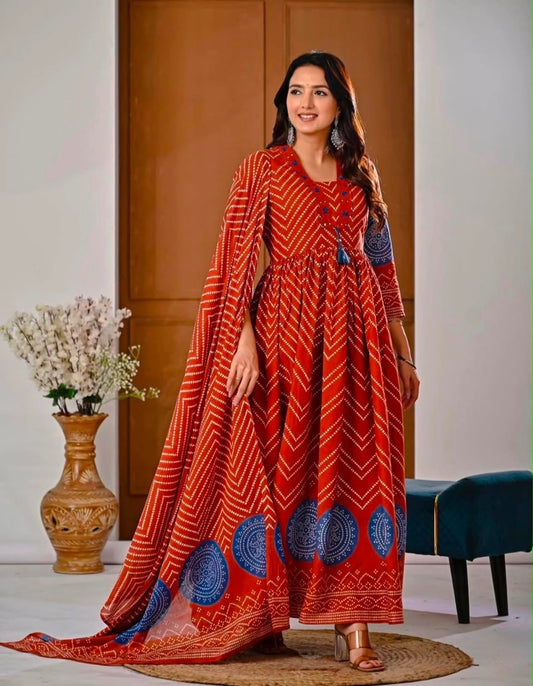 Cotton V-Neck Ghera Procin Bandhej Print Suit Set with Pant & Dupatta