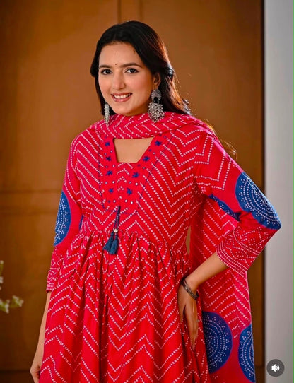 Cotton V-Neck Ghera Procin Bandhej Print Suit Set with Pant & Dupatta