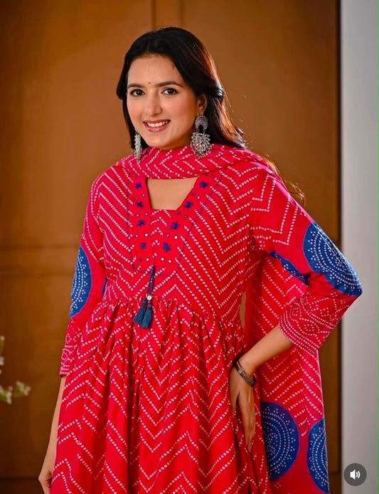 Cotton V-Neck Ghera Procin Bandhej Print Suit Set with Pant & Dupatta
