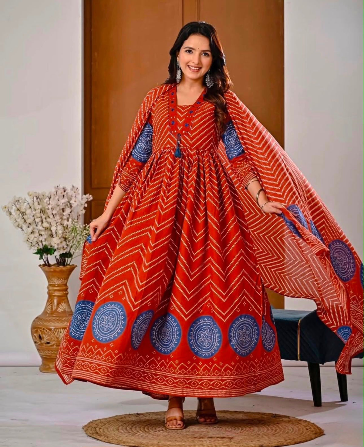 Cotton V-Neck Ghera Procin Bandhej Print Suit Set with Pant & Dupatta