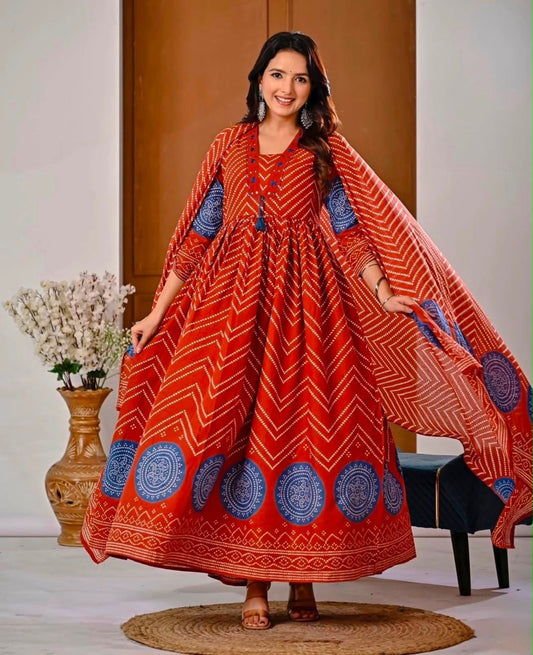 Cotton V-Neck Ghera Procin Bandhej Print Suit Set with Pant & Dupatta