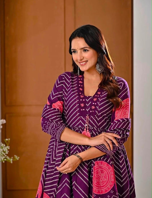 Cotton V-Neck Ghera Procin Bandhej Print Suit Set with Pant & Dupatta