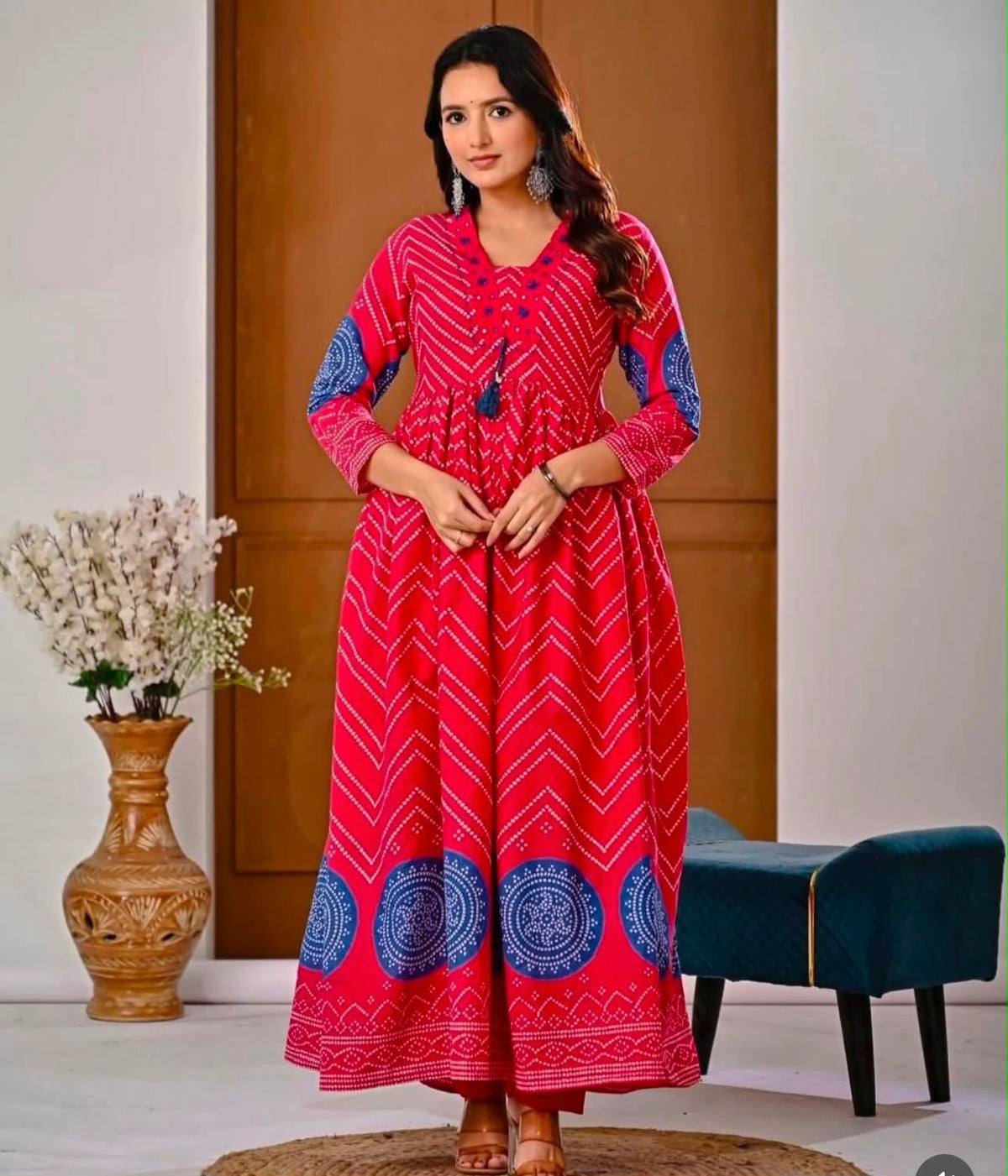 Cotton V-Neck Ghera Procin Bandhej Print Suit Set with Pant & Dupatta