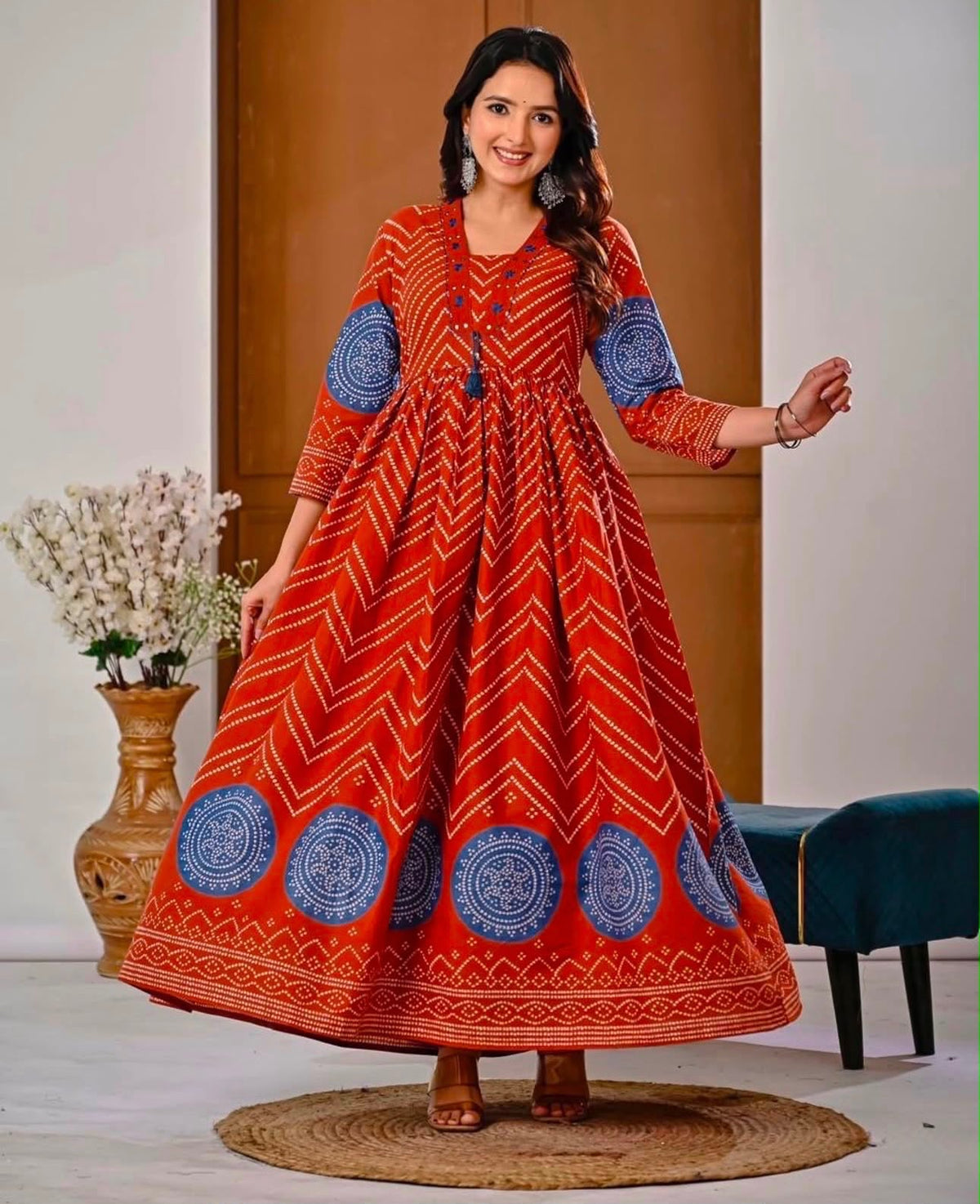 Cotton V-Neck Ghera Procin Bandhej Print Suit Set with Pant & Dupatta