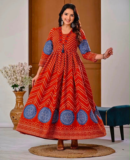 Cotton V-Neck Ghera Procin Bandhej Print Suit Set with Pant & Dupatta
