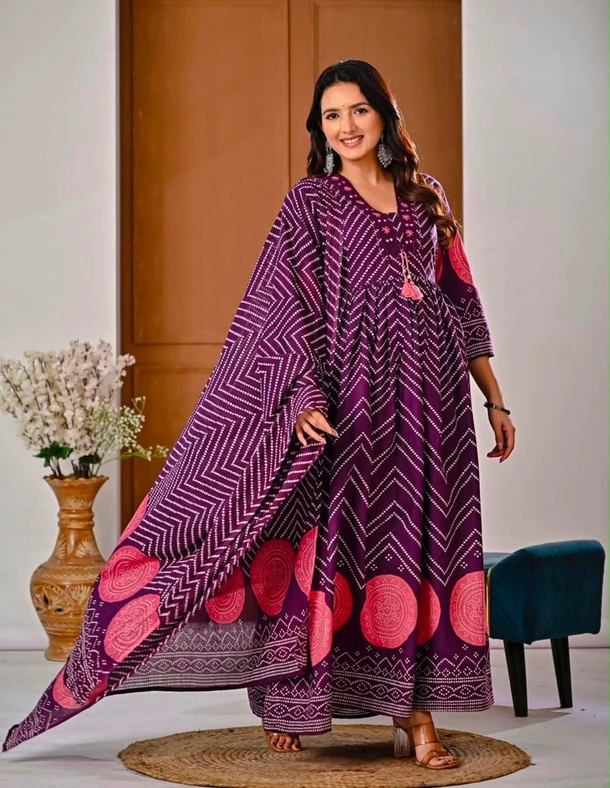 Cotton V-Neck Ghera Procin Bandhej Print Suit Set with Pant & Dupatta