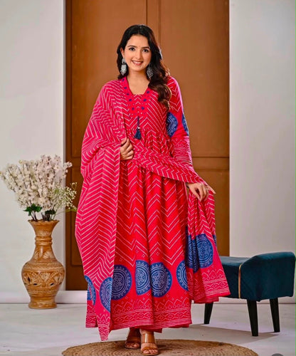 Cotton V-Neck Ghera Procin Bandhej Print Suit Set with Pant & Dupatta