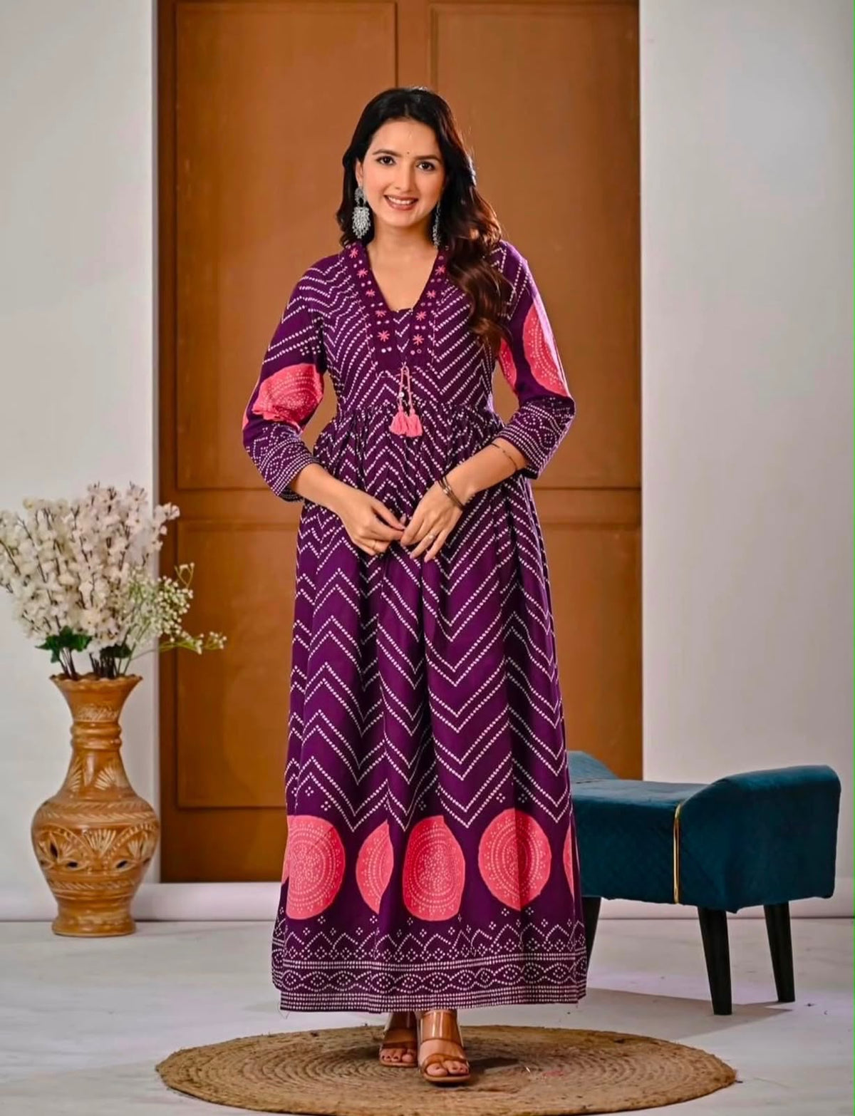 Cotton V-Neck Ghera Procin Bandhej Print Suit Set with Pant & Dupatta