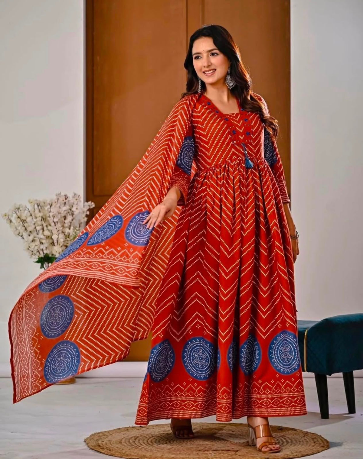 Cotton V-Neck Ghera Procin Bandhej Print Suit Set with Pant & Dupatta