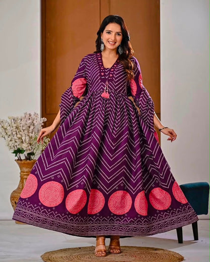 Cotton V-Neck Ghera Procin Bandhej Print Suit Set with Pant & Dupatta