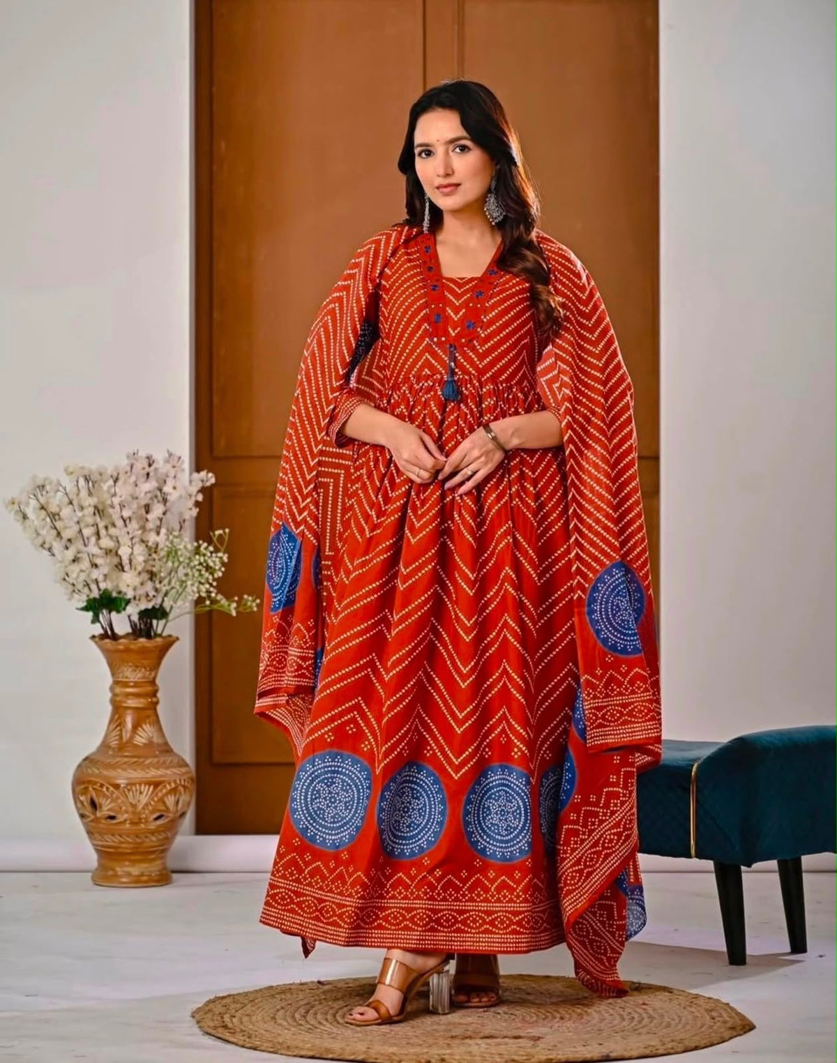 Cotton V-Neck Ghera Procin Bandhej Print Suit Set with Pant & Dupatta