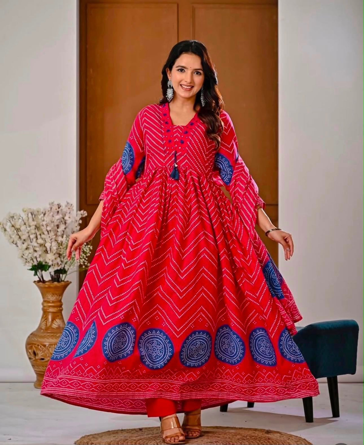Cotton V-Neck Ghera Procin Bandhej Print Suit Set with Pant & Dupatta