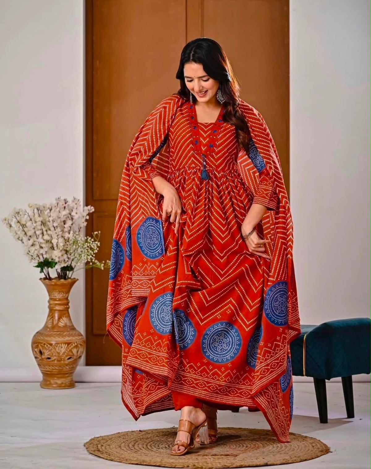 Cotton V-Neck Ghera Procin Bandhej Print Suit Set with Pant & Dupatta