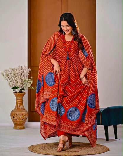 Cotton V-Neck Ghera Procin Bandhej Print Suit Set with Pant & Dupatta