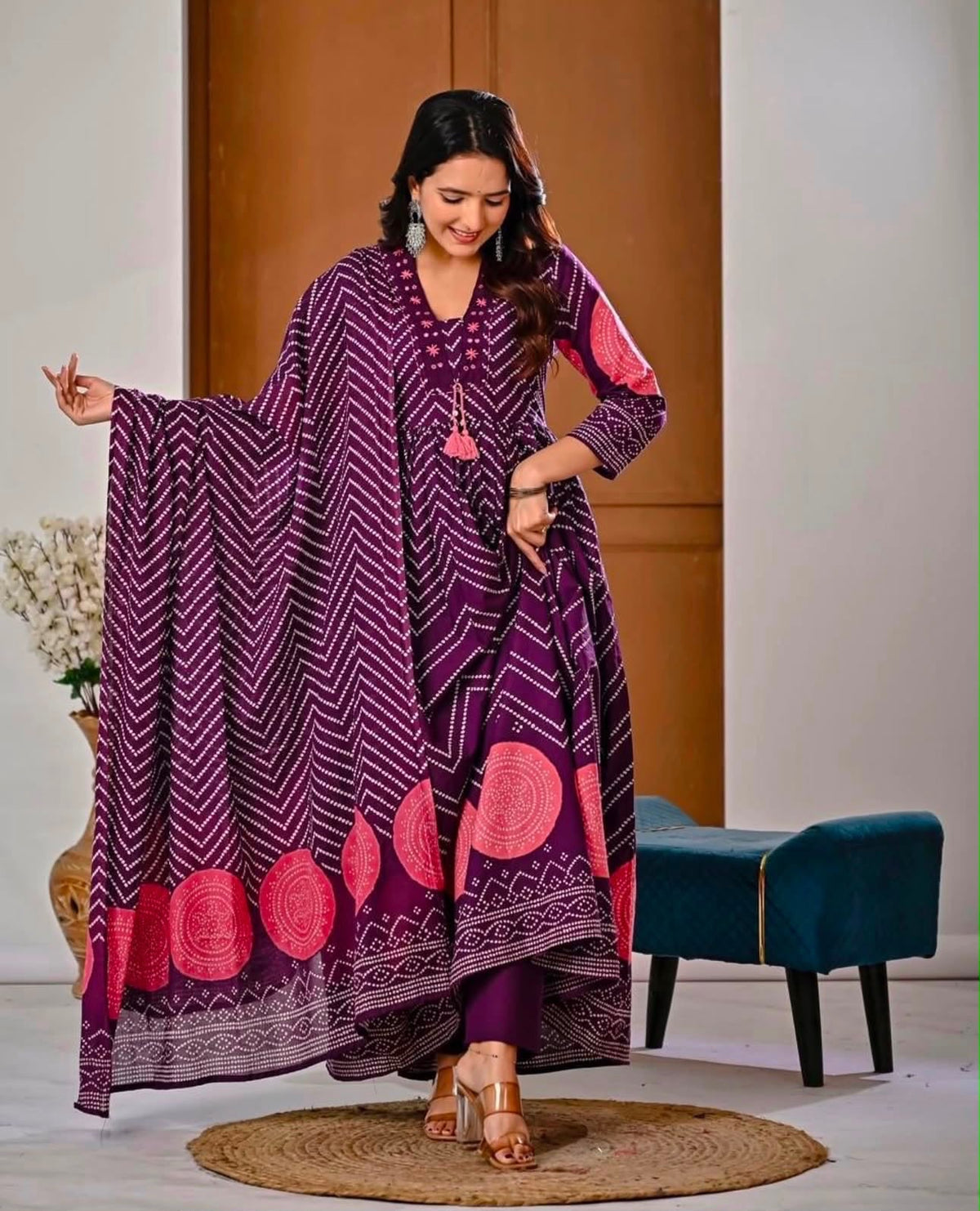 Cotton V-Neck Ghera Procin Bandhej Print Suit Set with Pant & Dupatta