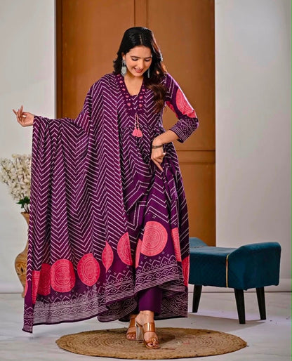 Cotton V-Neck Ghera Procin Bandhej Print Suit Set with Pant & Dupatta