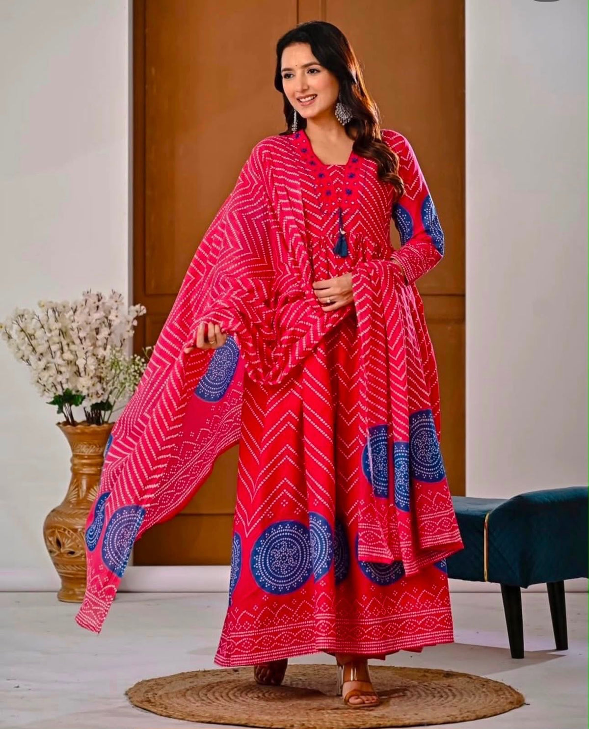 Cotton V-Neck Ghera Procin Bandhej Print Suit Set with Pant & Dupatta