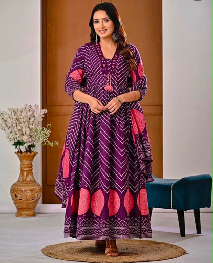 Cotton V-Neck Ghera Procin Bandhej Print Suit Set with Pant & Dupatta
