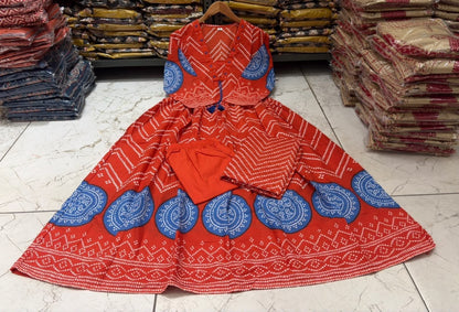 Cotton V-Neck Ghera Procin Bandhej Print Suit Set with Pant & Dupatta