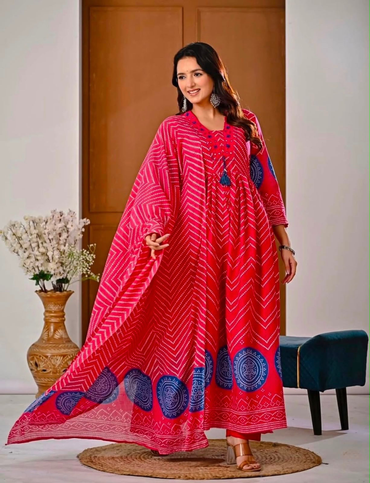 Cotton V-Neck Ghera Procin Bandhej Print Suit Set with Pant & Dupatta