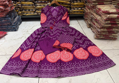 Cotton V-Neck Ghera Procin Bandhej Print Suit Set with Pant & Dupatta