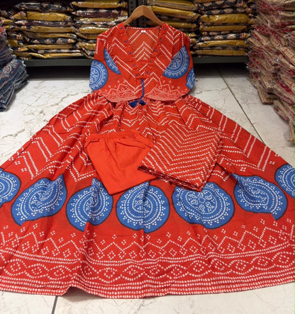 Cotton V-Neck Ghera Procin Bandhej Print Suit Set with Pant & Dupatta