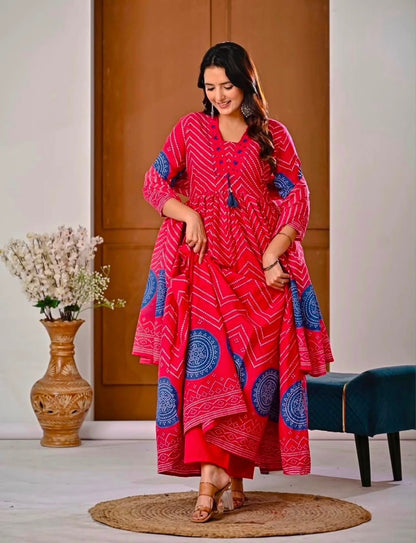 Cotton V-Neck Ghera Procin Bandhej Print Suit Set with Pant & Dupatta