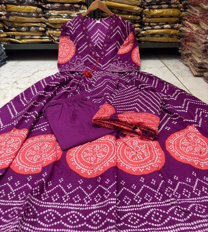Cotton V-Neck Ghera Procin Bandhej Print Suit Set with Pant & Dupatta