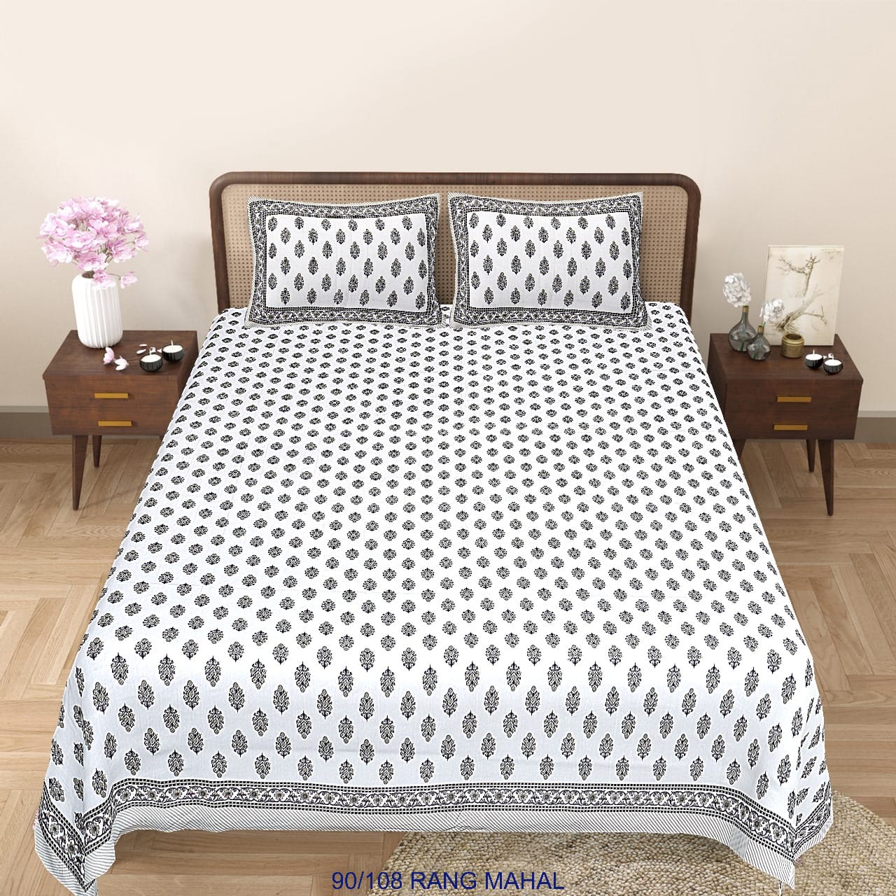 Cotton-Viscose Autoloom Bedsheet (90×106 inch) with 2 Zipper Pillow Covers