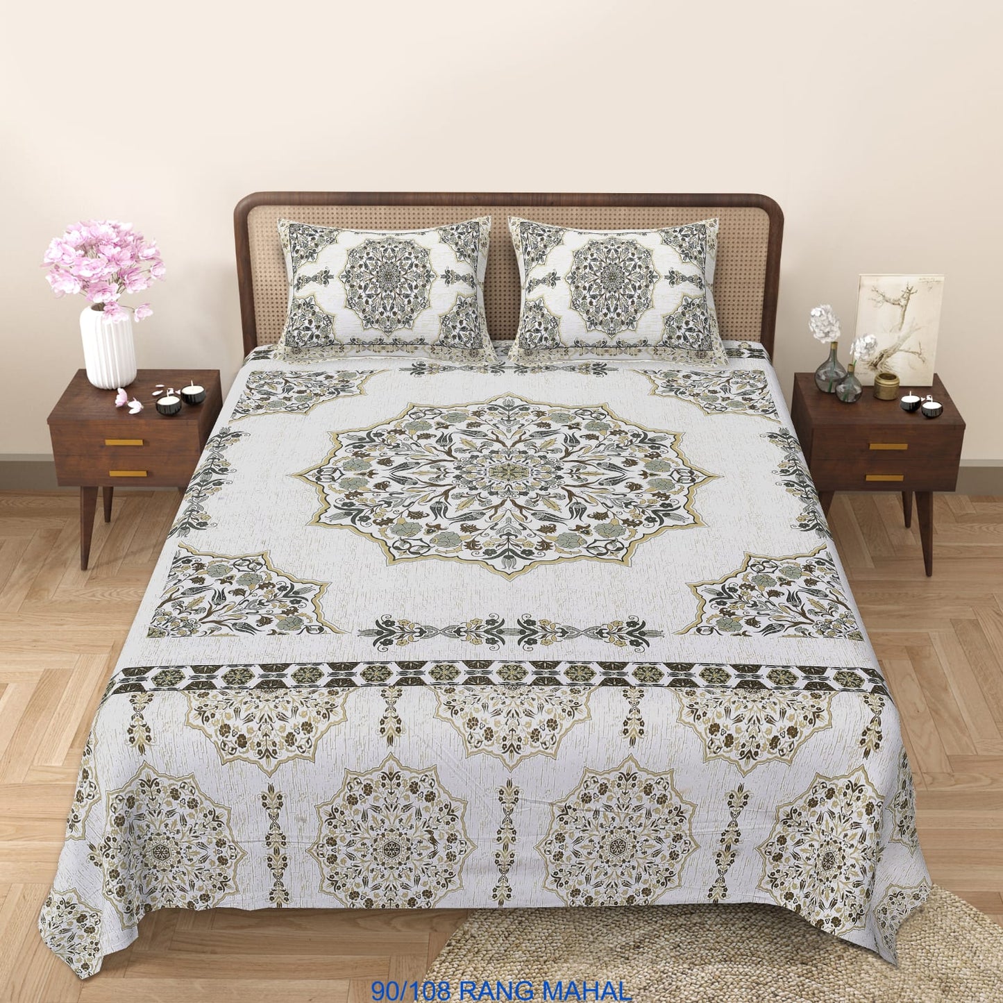 Cotton-Viscose Autoloom Bedsheet (90×106 inch) with 2 Zipper Pillow Covers