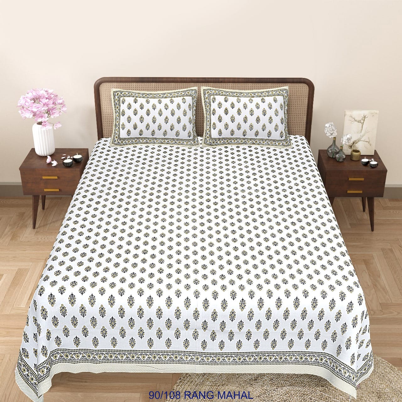 Cotton-Viscose Autoloom Bedsheet (90×106 inch) with 2 Zipper Pillow Covers