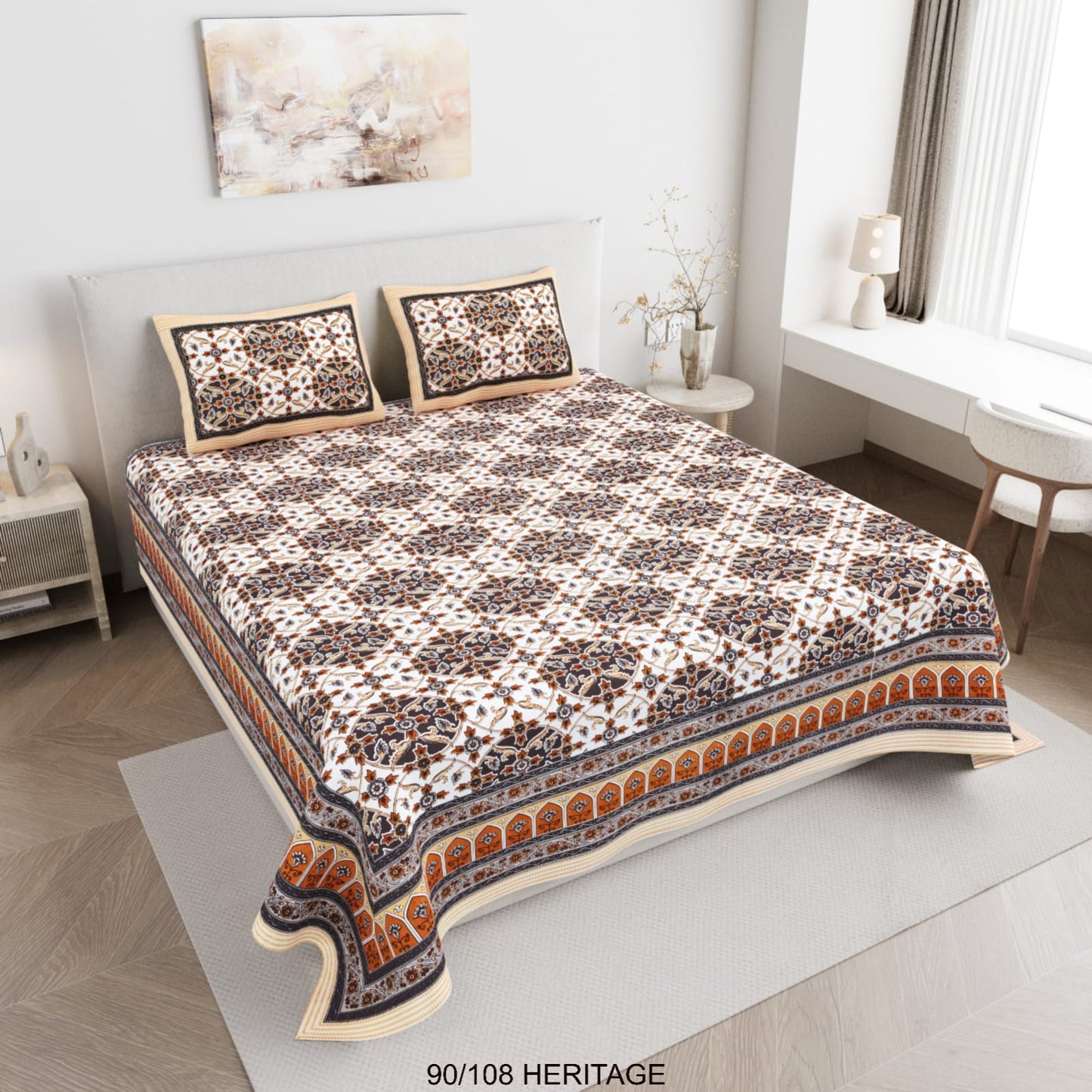 Cotton Viscose Blend Autoloom Bedsheet with 2 Zipper Pillow Covers (90×106 Inches)