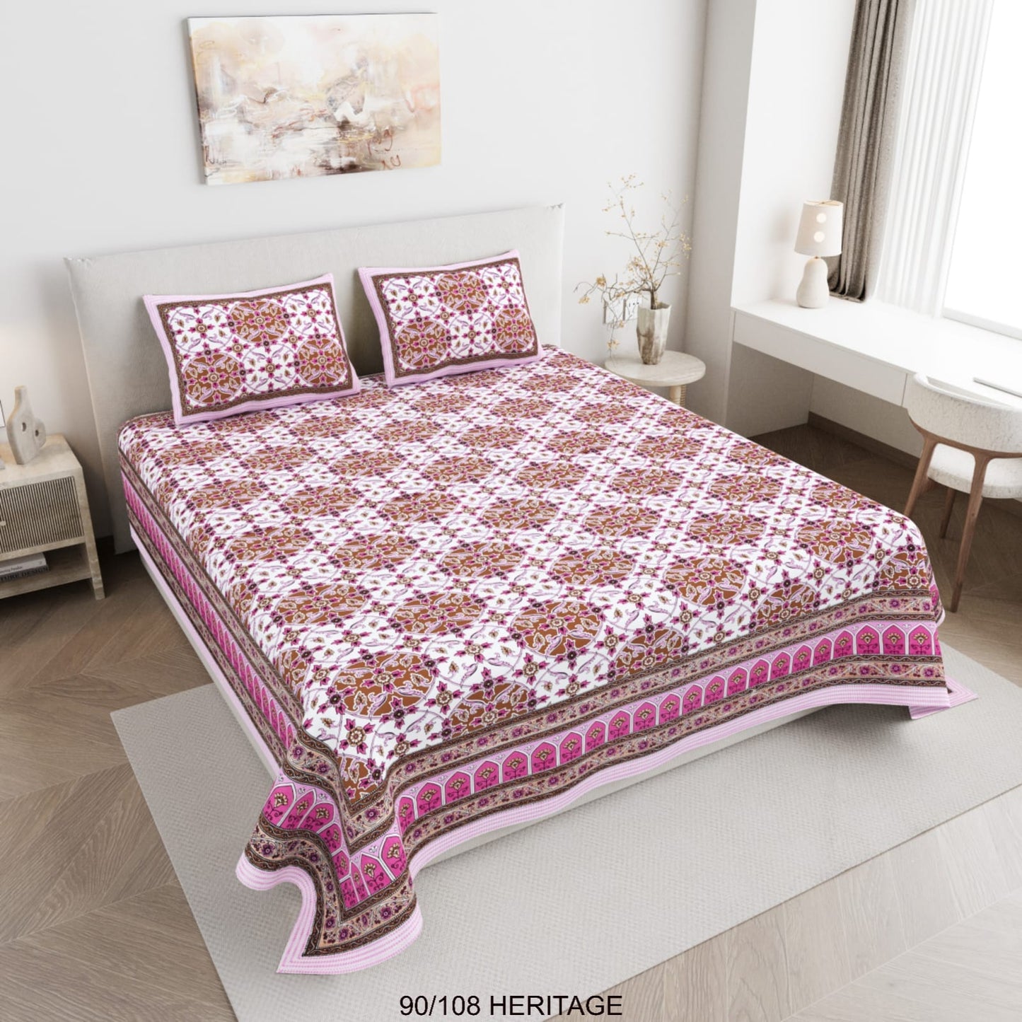 Cotton Viscose Blend Autoloom Bedsheet with 2 Zipper Pillow Covers (90×106 Inches)