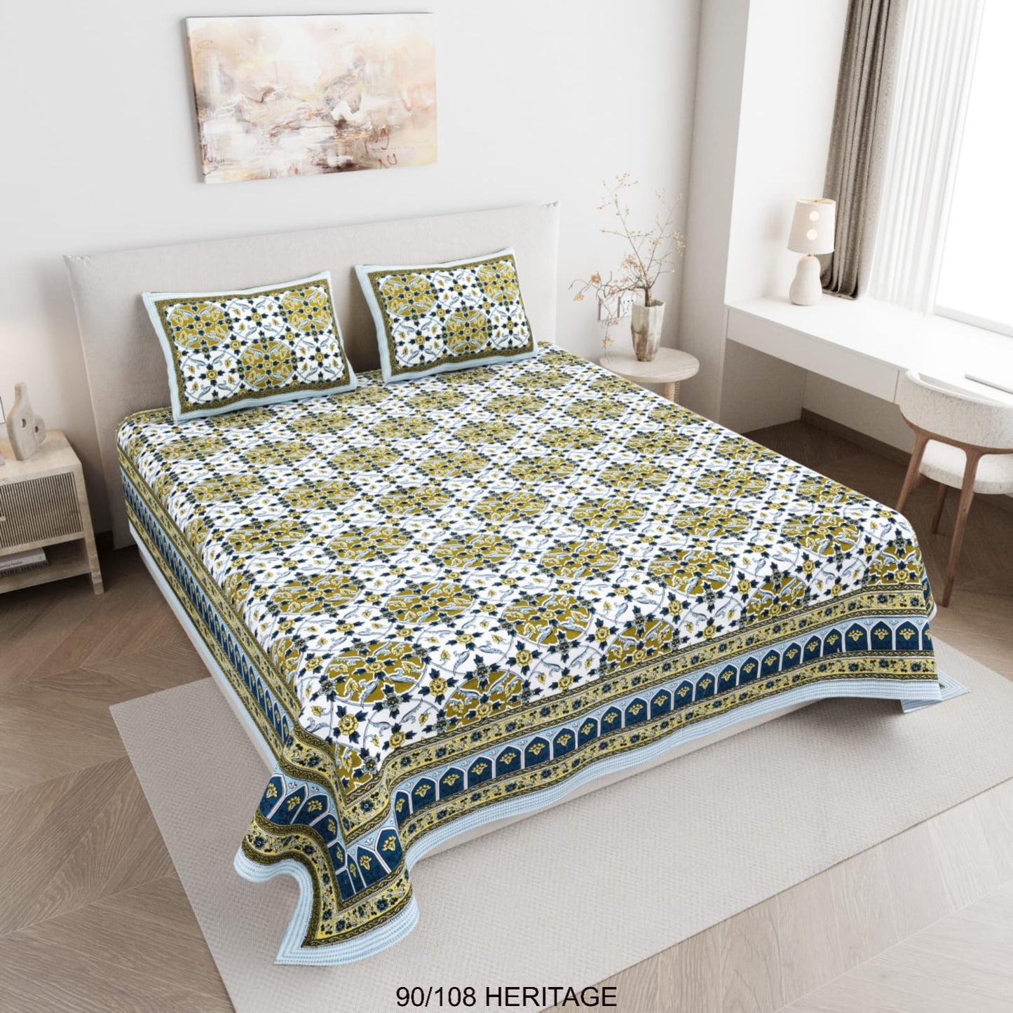 Cotton Viscose Blend Autoloom Bedsheet with 2 Zipper Pillow Covers (90×106 Inches)