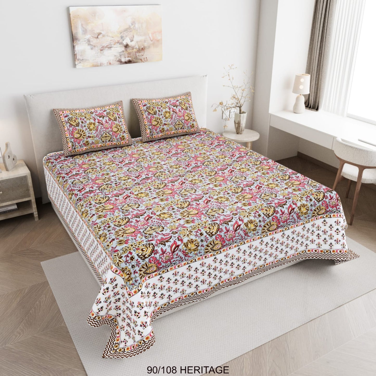 Cotton Viscose Blend Autoloom Bedsheet with 2 Zipper Pillow Covers (90×106 Inches)