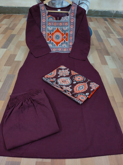 Cotton Work Kurti with Pant & Malmal Dupatta | Fully Stitched Set