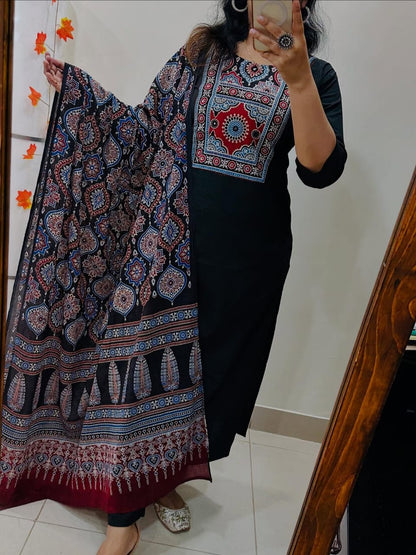 Cotton Work Kurti with Pant & Malmal Dupatta | Fully Stitched Set