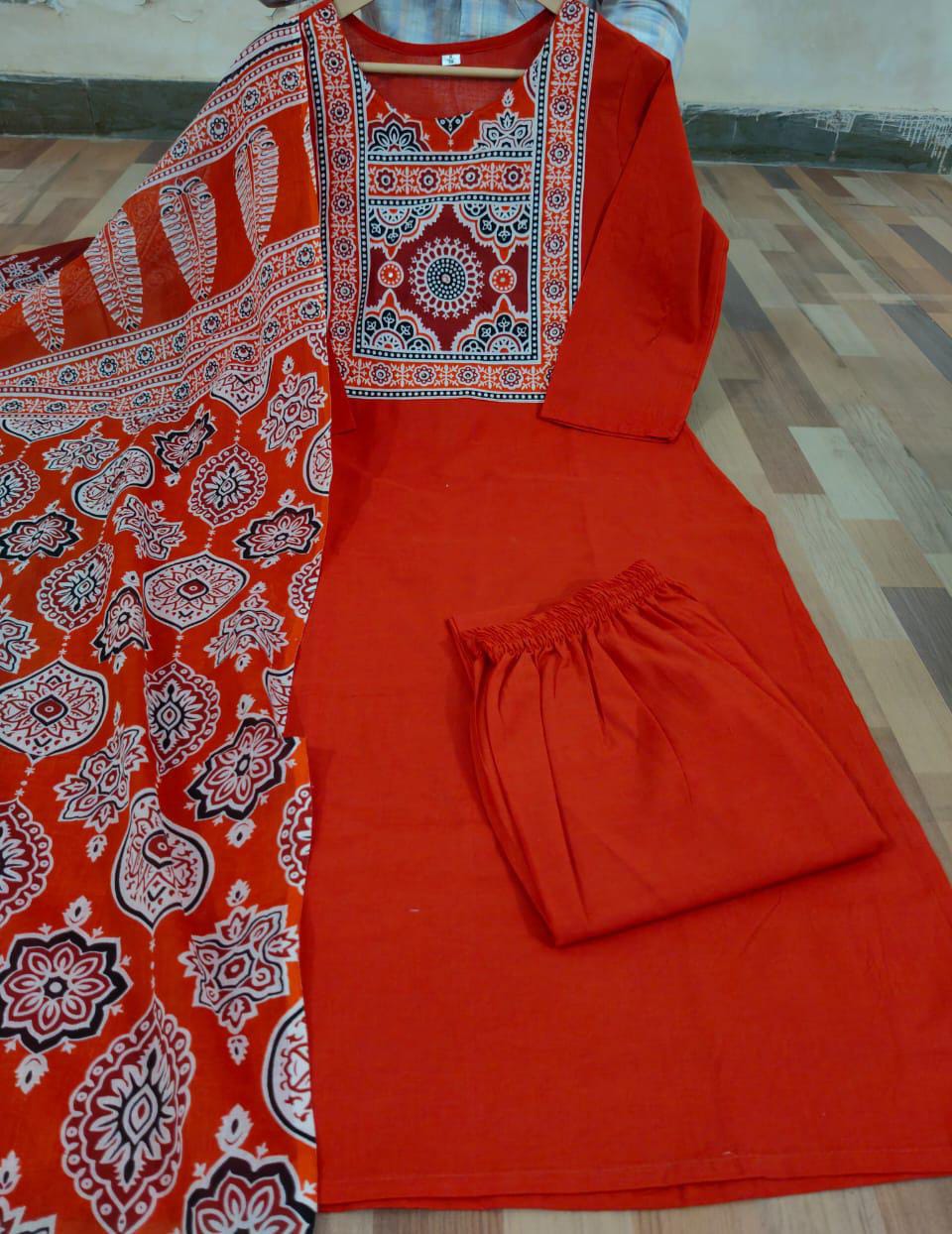 Cotton Work Kurti with Pant & Malmal Dupatta | Fully Stitched Set