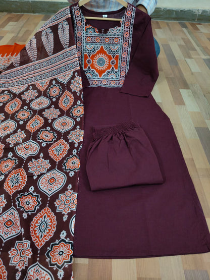 Cotton Work Kurti with Pant & Malmal Dupatta | Fully Stitched Set