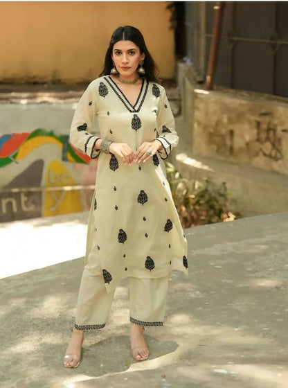 Cream Cotton 60x60 Embroidered Kurti Pant Dupatta Set with Lace Work