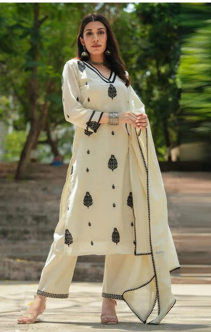 Cream Cotton 60x60 Embroidered Kurti Pant Dupatta Set with Lace Work