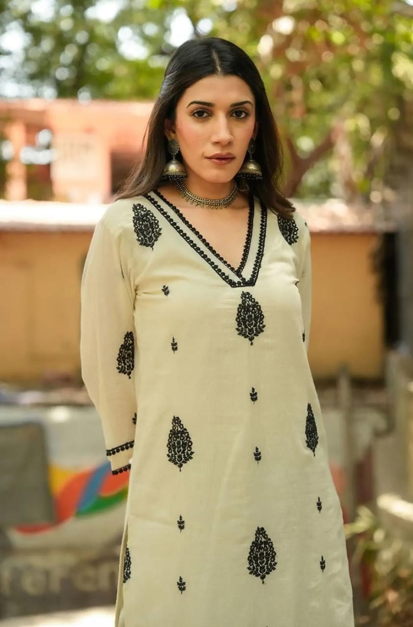 Cream Cotton 60x60 Embroidered Kurti Pant Dupatta Set with Lace Work